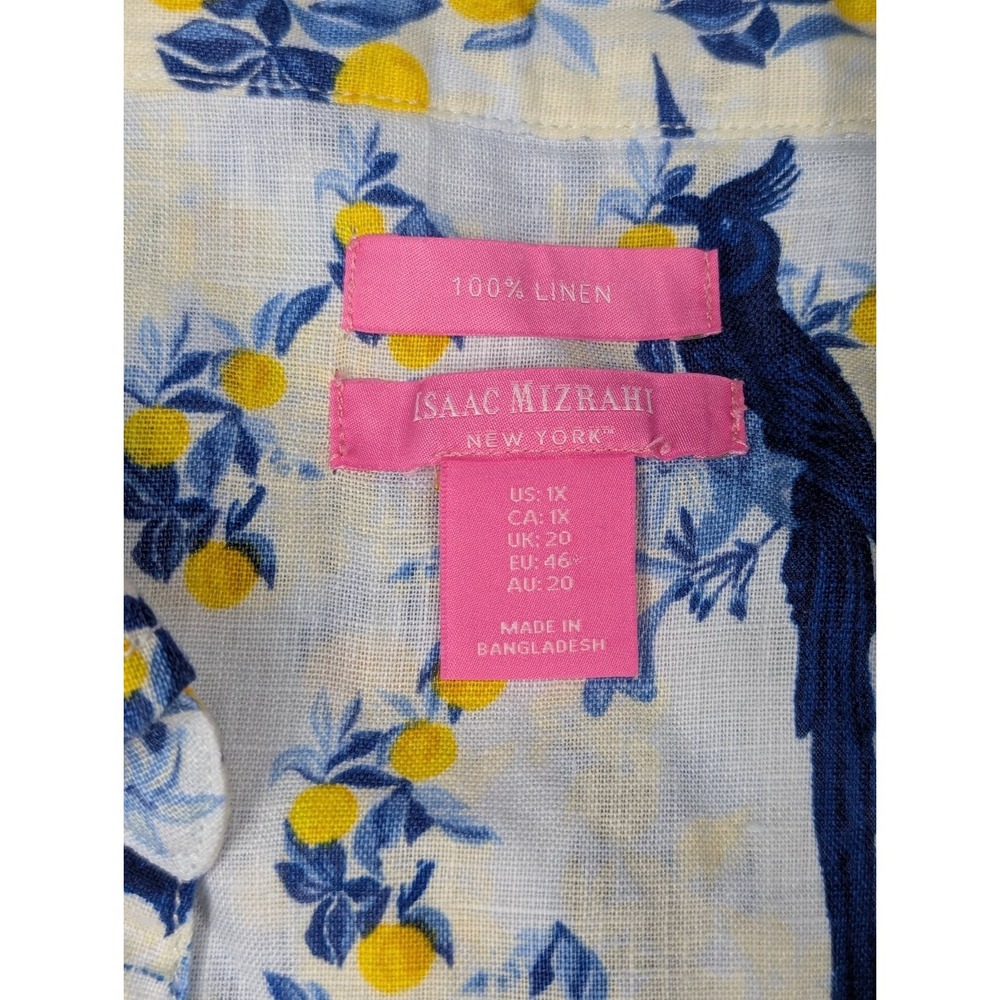 Isaac Mizrahi Women's Linen Button Front Shirt Blue Yellow 1X Floral Birds - Picture 3 of 9